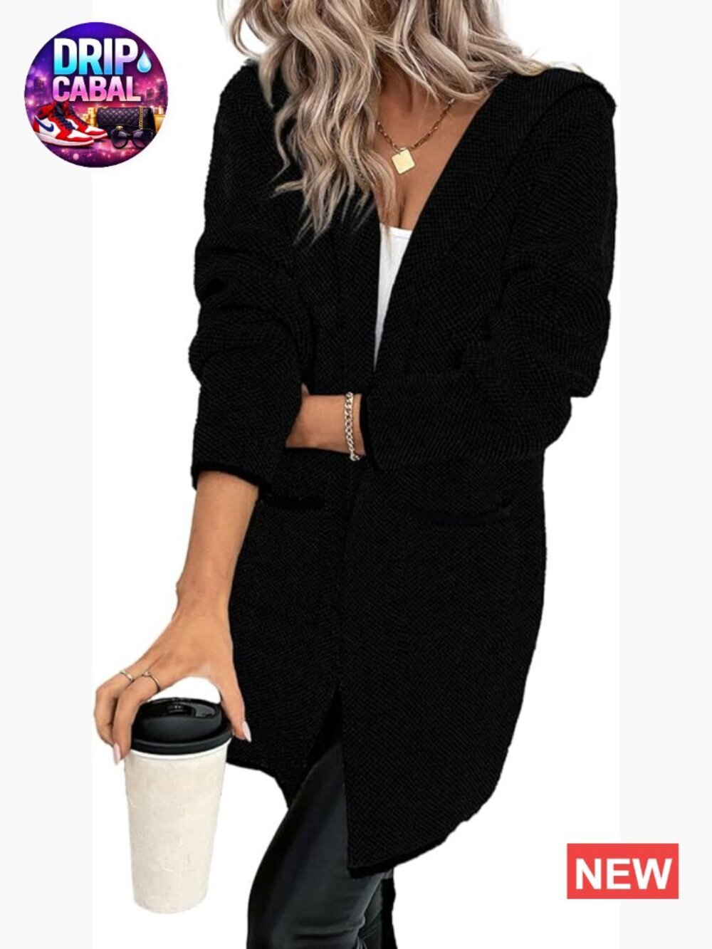 Chunky Oversized Hooded Contrast Cardigan Sweater Open Front Long Sleeve